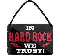 WOGEKA ART Cartel de chapa retro con texto en inglés "In Hard Rock we trust", texto divertido como idea de regalo para fans de rock para cumpleaños, Navidad, como cartel decorativo, 18 x 12 cm, placa