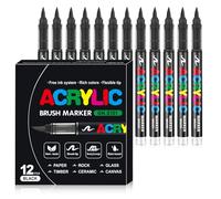 WOGOPRO Rotuladores Acrilicos, Cabeza de Cepillo Suave Acrylic Markers, Marcadores AcríLicos para Colorear, Piedra, Madera, Lienzo, Vidrio, CeráMica, Artesanía (12 Negro)