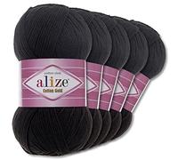 Wohnkult Alize 5 ovillos de 100 g Cotton Gold Premium de lana, 39 colores, lana de verano para tejer Amigurumi (60, negro)