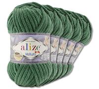 Wohnkult Alize 5 x 100 g de lana Velluto Premium, selección 30, hilo de chenilla, lana de terciopelo, mantas amigurumi, accesorios, ropa, bricolaje (532 | verde pino)