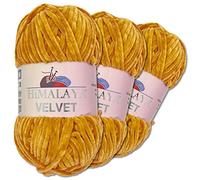 Wohnkult Himalaya Velvet Dolphin tejido de lana de punto, 3 x 100 g, 40 colores a elegir, hilo de tejer chenilla, lana esponjosa, brillo, accesorios, ropa, mantas (90030, mostaza)