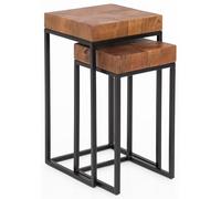 WOHNLING Juego de Mesa Lateral de Metal Sheesham de 2 pequeños | Juego de Mesita 2 Mesas de Madera | Mesa de Centro de Madera Maciza Estructura de Metal | Mesa de Centro Estrecha Mesa de Palisandro