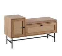 Wohnling Zapatero con asiento de 100 x 60 x 38 cm, diseño de roble, asiento acolchado de ratán, banco estrecho con espacio de almacenamiento, banco de pasillo con cajón y puerta