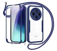 Woijrly handyband mit Band für Xiaomi Redmi 14C Hülle - Necklace HandyHülle,Eingebautem Schutzfolie Anti-Kratzer,360 Grad Displayschutz Ganzkörper Robuste Case Transparente Stoßfest-Blau
