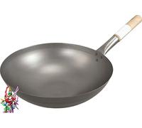 Wok asiático, sartén wok de hierro de 35 cm de diámetro con base redonda, mango de madera + muñeca de la suerte gratis