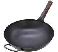 Wok con Mango de Madera - Mango de Metal Soldado Resistente Que no se afloja - Fondo Redondo Ideal para cocinar salteados(38cm)