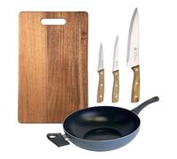 Wok de Ø30cm Aluminio prensado color Azul + 3 Cuhillos en acero inoxidable + Tabla de corte 40x25cm NOIA San Ignacio