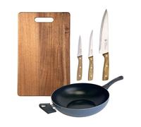 Wok de Ø30cm Aluminio prensado color Azul + 3 Cuhillos en acero inoxidable + Tabla de corte 40x25cm NOIA San Ignacio