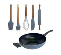 Wok de Ø30cm en Aluminio prensado color Azul + Set de 5 Utensilios de silicona y madera NOIA San Ignacio