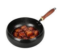 Wok de hierro fundido forjado a mano, 26 cm, sartén con mango de madera | Mango de madera maciza extraíble para una fácil limpieza, versátil para gas e inducción