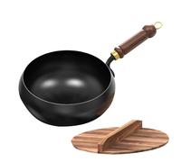 Wok hecho a mano chino, sartén de hierro fundido con tapa y mango de madera, sartén antiadherente, 24 cm de diámetro, método tradicional, sin recubrimiento para cocina de y cocina de inducción