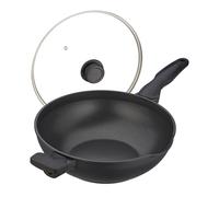 Relaxdays Wok con Tapa, Ø 30 cm, Aluminio, Recubrimiento Antiadherente, Cocina de Gas, Eléctrica, Sartén con Asas, Negro