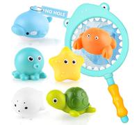 wokdsbl Juego de 7 juguetes de baño para bebé, sin agujeros, sin moho, juguetes de baño para bebés de 1 a 4 años, juguetes acuáticos antimoho con red de pesca para niños y niñas, ducha y bañera