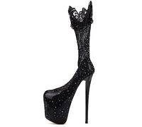 WOkismD 19 CM Pole Dance Bombas de tacón Alto Rhinestone Lace Mesh Super High Heels Bombas de Punta Cerrada Redonda para Hombres Unisex Mujeres Sexy Nightclub Party Stripper Shoes,Negro,38