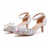 WOkismD 5CM Mujer Puntiagudo Tacón Bajo Diamantes de Imitación Tacón de Cristal Noche Novia Boda Prom Sandalias,Plata,43 EU