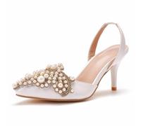 WOkismD 7.5CM Perlas Tacones Destalonados para Mujeres Punta Cerrada Puntiaguda Slip on Tacón de Aguja Tacón de Aguja Noche Nupcial,Blanca,43 EU