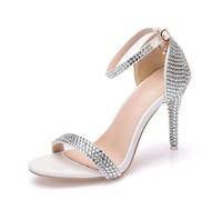 WOkismD 9.5CM Mujer Tacón Punta Abierta Correa de Tobillo Sandalias Diamantes de Imitación Hebilla de Cristal Oficina Vestido de Verano,Plata,42 EU