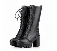 WOkismD Botas altas con cordones para mujer, botas altas negras de piel sintética, botas de tacón de bloque para mujer, botas altas negras para mujer