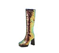 WOkismD Botas Altas de Fiesta Brillantes para Mujer con Plataforma, tacón Grueso y Lentejuelas hasta la Rodilla de 10CM,Oro,44 EU
