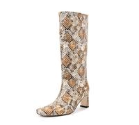 WOkismD Botas Altas de Imitación de Cuero de 8CM Tacón Grueso Puntera Cuadrada Calzado Retro y Audaz,Oro,37 EU
