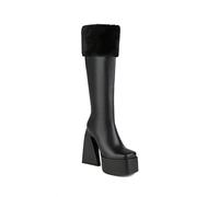 WOkismD Botas Altas de Invierno para Mujer, Negras de Cuero sintético, con Plataforma, puño de Piel sintética, tacón Ancho y Cremallera Lateral,Negro,37 EU