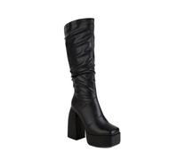 WOkismD Botas Altas de Mujer con Plataforma, tacón Grueso Cuadrado, Cremallera Lateral y caña Holgada hasta la Rodilla de 14 cm,Negro,35 EU