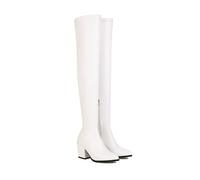 WOkismD Botas Altas de Mujer con Puntera Puntiaguda, tacón Grueso de Bloque de 7,5 cm, Cremallera Lateral y Ajuste elástico por Encima de la Rodilla,Blanca,37 EU