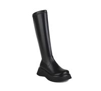 WOkismD Botas Altas de Mujer de Cuero con Plataforma de cuña de 5 cm, elásticas, hasta la Rodilla y sin Cordones,Negro,41 EU