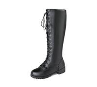 WOkismD Botas Altas de Mujer Estilo Combate, Negras, de Cuero sintético, hasta la Rodilla, con Cordones al Frente y tacón bajo y Ancho,Negro,43 EU