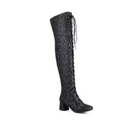 WOkismD Botas Altas de Mujer hasta la Rodilla con tacón Grueso, Puntera Redonda, Cordones y Brillo, 6CM,Negro,44 EU