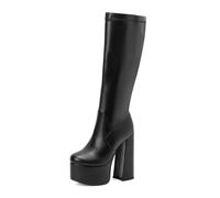 WOkismD Botas altas de piel sintética negra de 14,5 cm con plataforma hasta la rodilla, tacón grueso, cremallera lateral, para mujer, Black, 40 EU