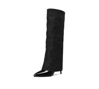 WOkismD Botas Altas Femeninas de tacón Alto Stiletto con Pliegue hasta la Rodilla, tacón de 8CM, Punta Puntiaguda, Sexy y Elegante para Vestir,Negro,39 EU