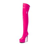 WOkismD Botas Altas hasta el Muslo con Plataforma y Tacón de Aguja, Punta Redonda, Cierre Lateral, Vestido Sexy, Tacón Alto 15 cm,Rojo,46 EU