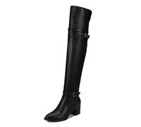 WOkismD Botas Altas hasta el Muslo de Piel sintética para Mujer Tacones de Bloque Grueso Botas largas con Punta Redonda Zapatos de Vestir de Tacones Bajos cómodos con Hebilla de cinturón,Negro,47