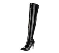 WOkismD Botas Altas hasta la Rodilla de Charol para Mujer, Botas de tacón de Aguja con Cremallera Lateral y Punta Puntiaguda, Botas Altas hasta el Muslo,Negro,44