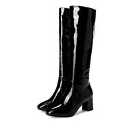WOkismD Botas Altas hasta la Rodilla de Charol para Mujer, cómodas, con tacón Grueso, Punta Cuadrada, Cremallera Lateral, Botas largas, Zapatos de Vestir,Negro,38