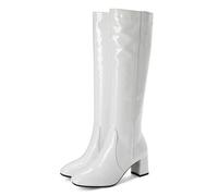 WOkismD Botas Altas hasta la Rodilla de Charol para Mujer, cómodas, con tacón Grueso, Punta Cuadrada, Cremallera Lateral, Botas largas, Zapatos de Vestir,Blanca,43