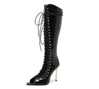 WOkismD Botas Altas hasta la Rodilla de Charol para Mujer con Punta Abierta, con Cordones, tacón Stiletto de Gladiador de 11CM,Negro,44 EU