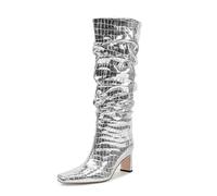 WOkismD Botas Altas hasta la Rodilla de Mujer con tacón Grueso de 8 cm y Punta Cuadrada, Botas sin Cierre,Plata,35 EU