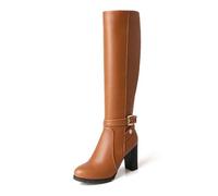 WOkismD Botas Altas hasta la Rodilla para Mujer, Botas Altas con Punta Redonda y tacón Grueso, Botas Altas con Cremallera Lateral y tacón Alto, Botas largas de Cuero PU, Zapatos de Vestir,Marrón,36