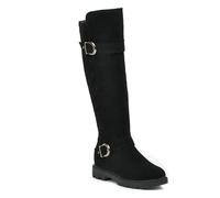WOkismD Botas Altas hasta la Rodilla para Mujer, cómodas, Planas, de tacón bajo, con Punta Redonda, de Gamuza elástica, largas, con Cremallera Lateral, Zapatos de Vestir,Negro,40