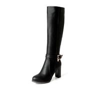 WOkismD Botas Altas hasta la Rodilla para Mujer con Punta Redonda, Tacón Grueso y Alto, Cremallera Lateral, Cuero PU, Zapatos de Vestir, Negro, 36