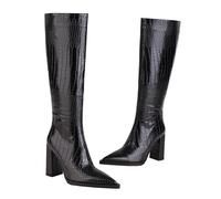 WOkismD Botas Altas hasta la Rodilla para Mujer de 9CM con Punta Puntiaguda, tacón Grueso de Bloque, Botas Altas con Cremallera Lateral,Negro,38 EU