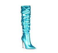 WOkismD Botas Altas holgadas de Mujer de 12CM, Ancho de Pantorrilla, tacón Tipo Kitten, Punta Puntiaguda, Moda de Invierno,Azul,39 EU