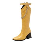 WOkismD Botas Altas para Mujer, hasta la Rodilla, con Detalles de Cadena y tacón Grueso de Bloque de 7 cm,Amarillo,41 EU