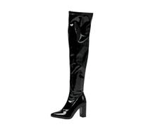 WOkismD Botas de Charol para Mujer por Encima de la Rodilla, tacón Grueso, Punta Puntiaguda, Botas Altas hasta el Muslo, de Moda para Fiestas y Uso Diario,Negro,39 EU