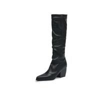 WOkismD Botas de Cuero para Mujer hasta la Rodilla de 7 cm - Tacón Grueso, Punta Puntiaguda, diseño Holgado para Uso Casual y Diario,Negro,39 EU
