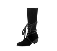WOkismD Botas de gamuza a media pantorrilla con detalle de lazo para mujer, tacón grueso, estilo casual, Black, 39 EU