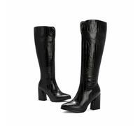 WOkismD Botas de Moda Altas para Mujer con tacón Grueso de Bloque, Punta Puntiaguda y Relieve, de 8CM,Negro,39 EU