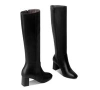 WOkismD Botas de Moda Minimalistas para Mujer con tacón Grueso de Bloque, Punta Cuadrada hasta la Rodilla y Cremallera Lateral,Negro,35 EU